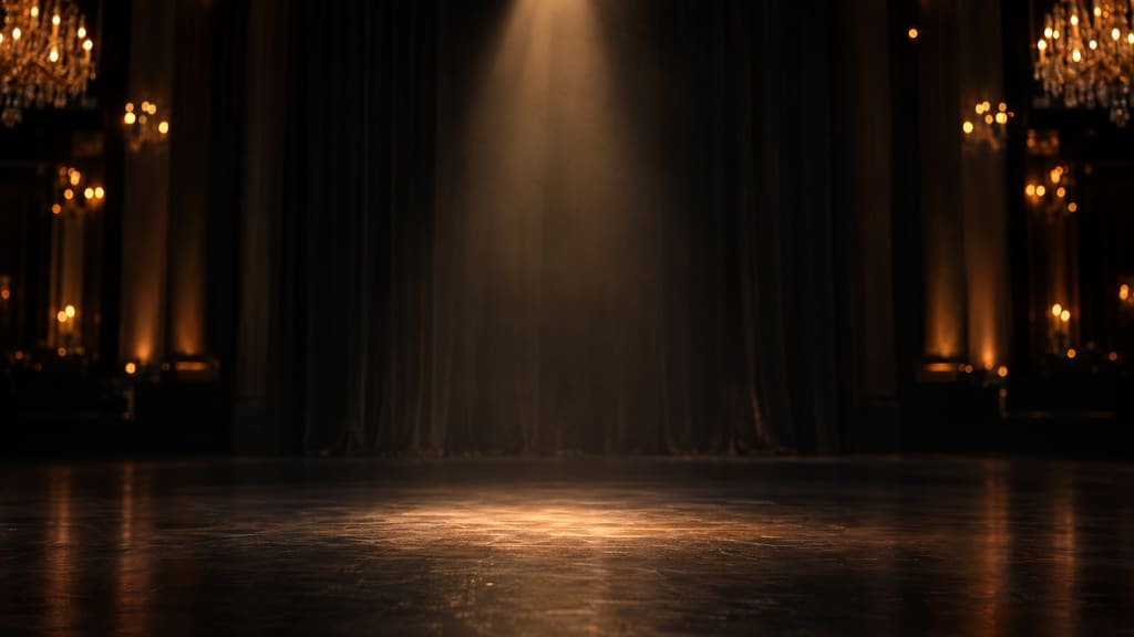 KI-generiertes Bild: ein dunkler, festlicher Saal mit warmem Bühnenlicht und goldenen Lichtpunkten