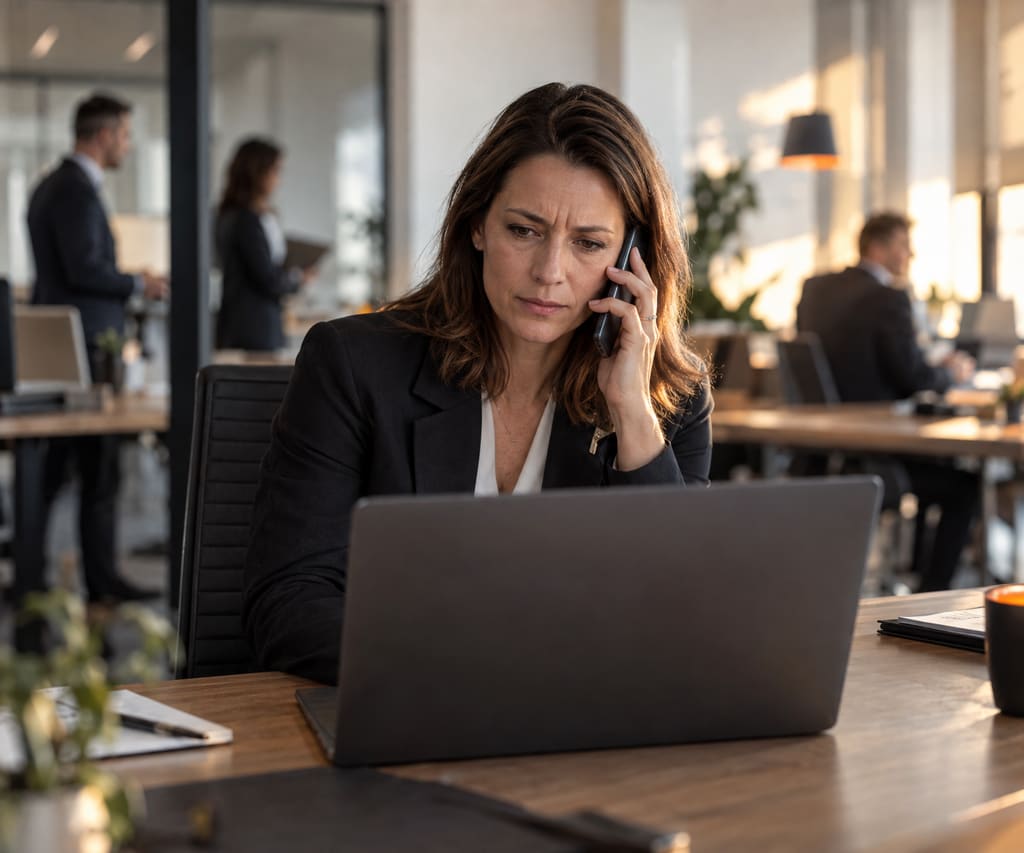 Vertriebsmitarbeiterin telefoniert nachdenklich am Laptop