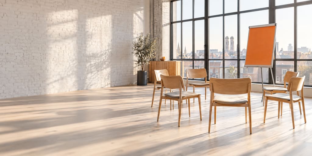 Heller Seminarraum in einem Münchner Altbau-Loft am Morgen, ein Stuhlkreis vor hohen Sprossenfenstern mit Blick über die Dächer
